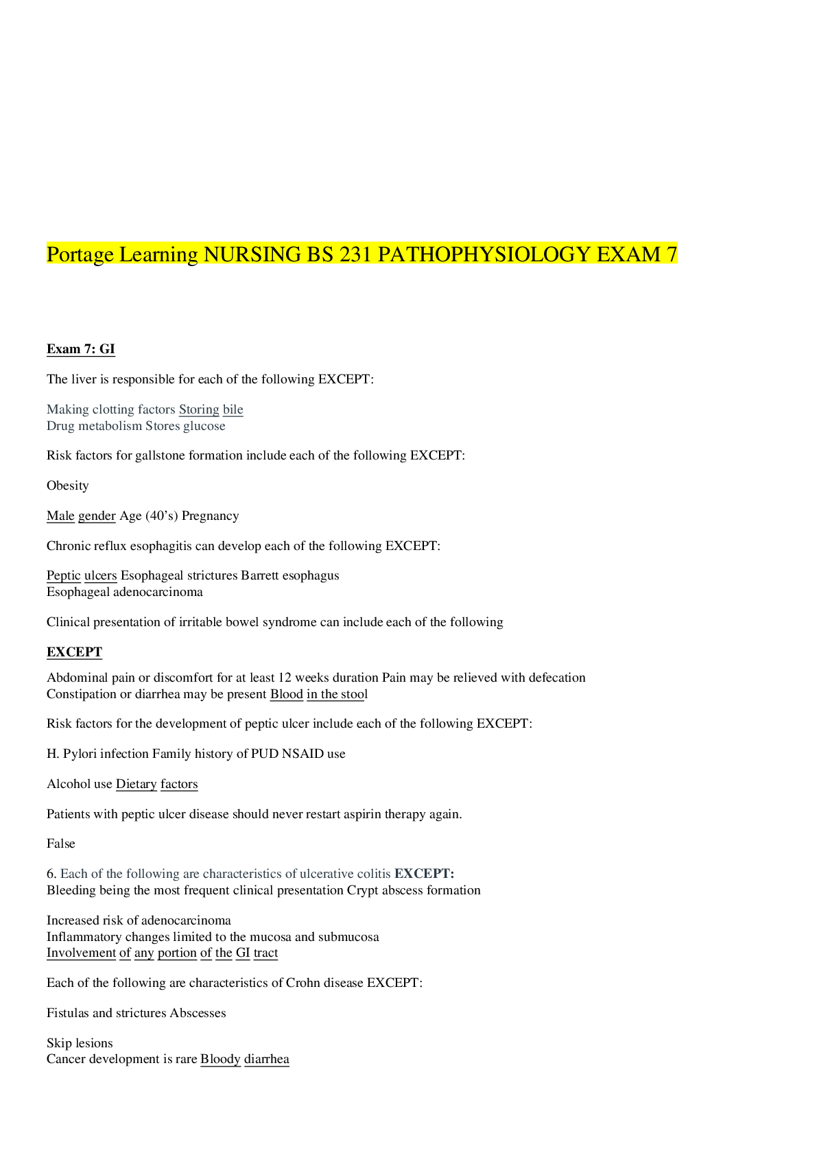 Preview image for Portage Learning NURSING BS 231 PATHOPHYSIOLOGY EXAM 7